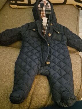 Navy Quilted Infant Puffer Snowsuit with Hood